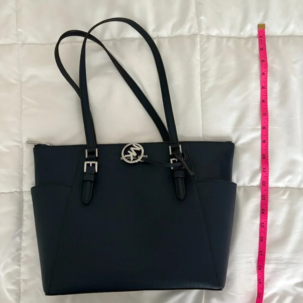 Michael Kors Charlotte Medium Tote Navy Saffiano Leather Top Zipper Travel Chic